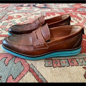 Donald J Pliner brown leather loafers, bright blue sole, super comfortable